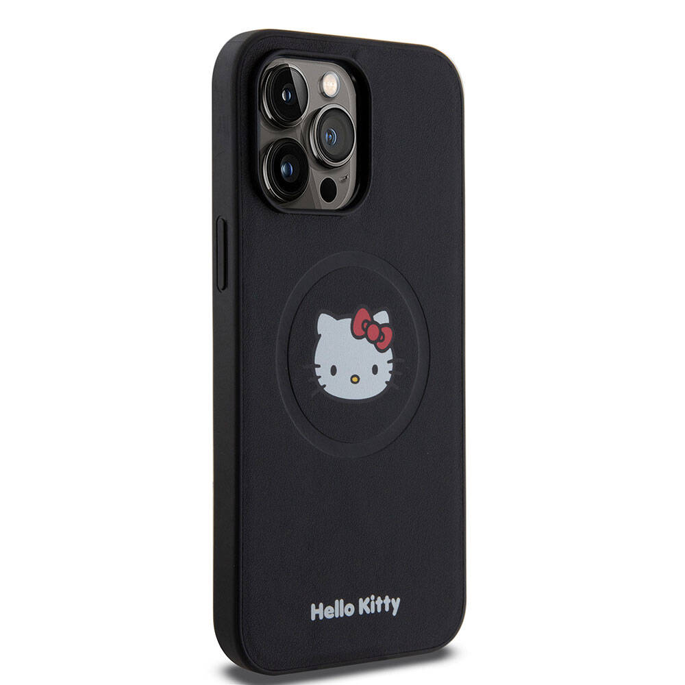 Apple iPhone 15 Pro Max Kılıf Hello Kitty Orjinal Lisanslı Magsafe Şarj Özellikli Kitty Head Deri Kapak Siyah