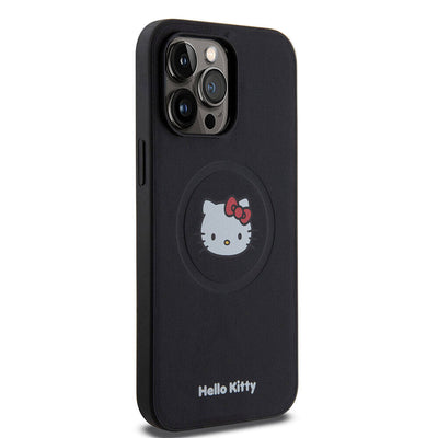 Apple iPhone 15 Pro Max Kılıf Hello Kitty Orjinal Lisanslı Magsafe Şarj Özellikli Kitty Head Deri Kapak Siyah