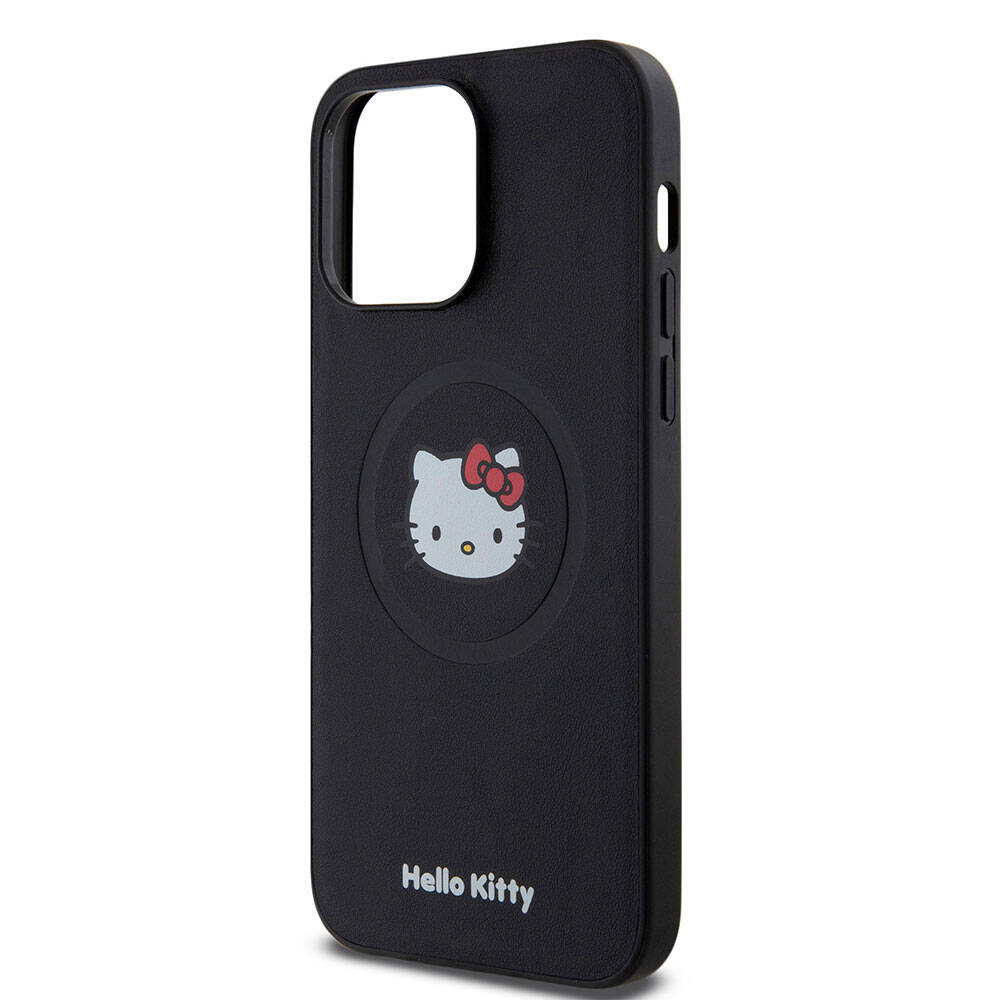Apple iPhone 15 Pro Max Kılıf Hello Kitty Orjinal Lisanslı Magsafe Şarj Özellikli Kitty Head Deri Kapak Siyah