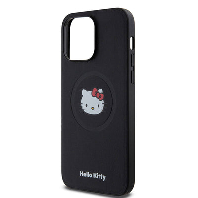 Apple iPhone 15 Pro Max Kılıf Hello Kitty Orjinal Lisanslı Magsafe Şarj Özellikli Kitty Head Deri Kapak Siyah