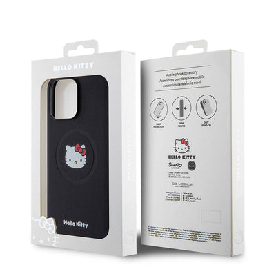 Apple iPhone 15 Pro Max Kılıf Hello Kitty Orjinal Lisanslı Magsafe Şarj Özellikli Kitty Head Deri Kapak Siyah