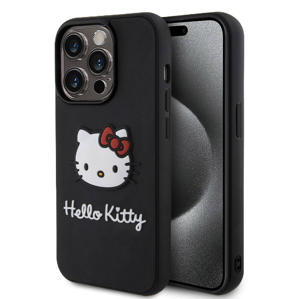 iPhone 15 Pro Max Kılıf Hello Kitty Orjinal Lisanslı Yazı ve İkonik Logolu 3D Rubber Kitty Head Kılıf