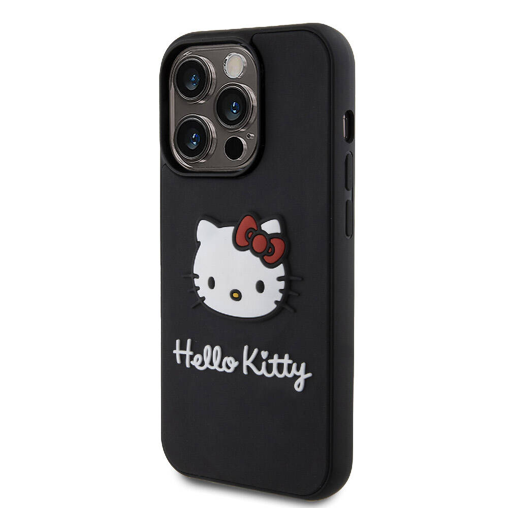 Apple iPhone 15 Pro Max Kılıf Hello Kitty Orjinal Lisanslı Yazı ve İkonik Logolu 3D Rubber Kitty Head Kapak