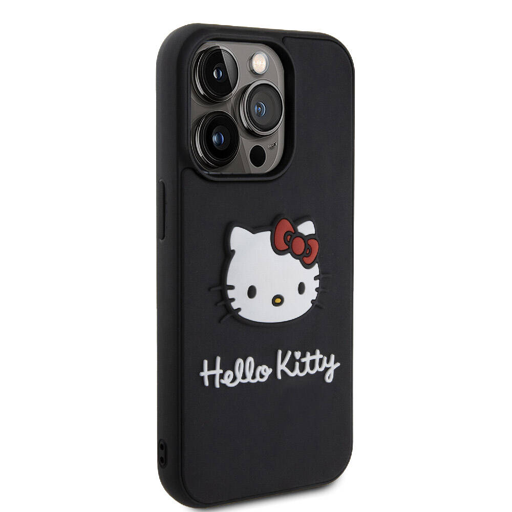 Apple iPhone 15 Pro Kılıf Hello Kitty Orjinal Lisanslı Yazı ve İkonik Logolu 3D Rubber Kitty Head Kapak