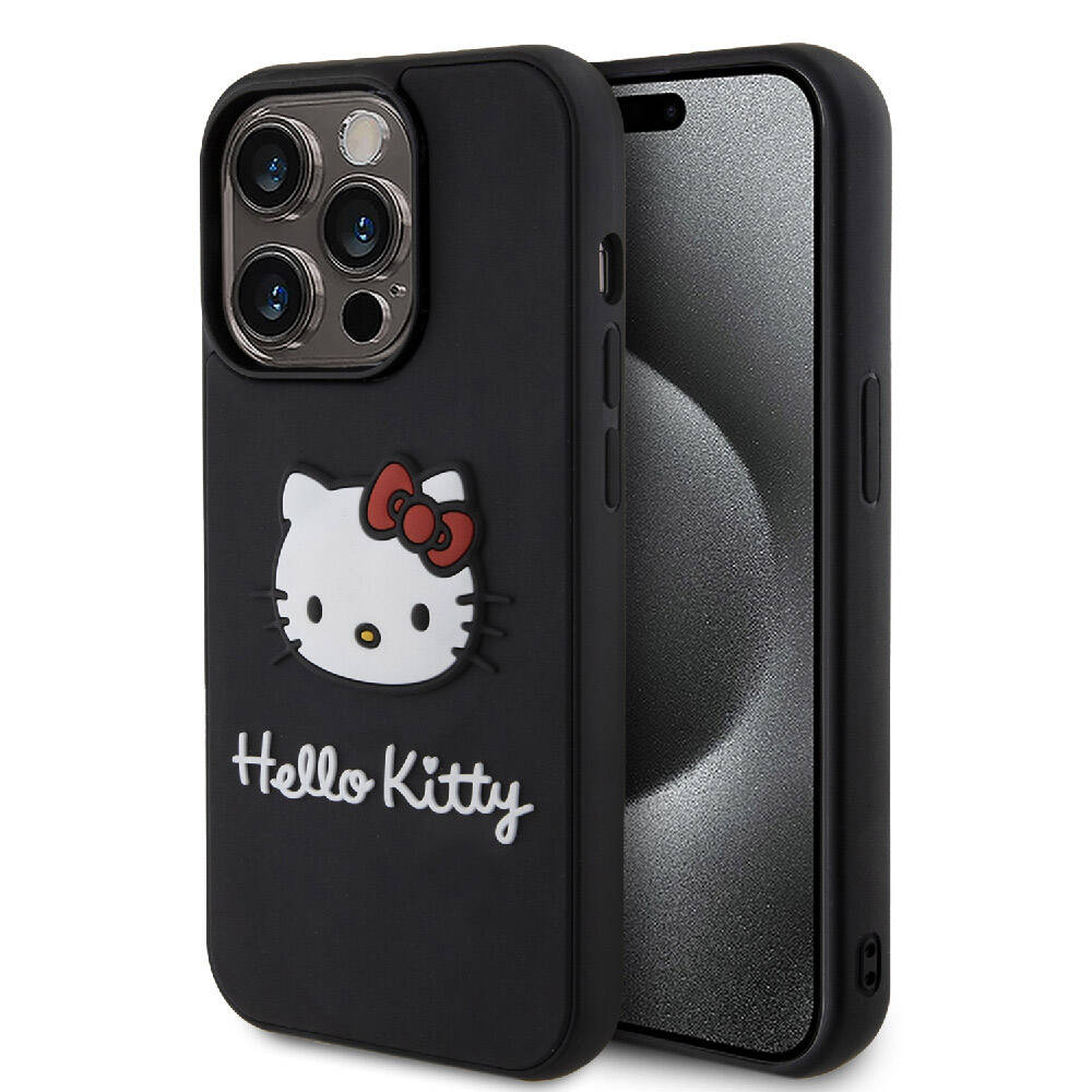 Apple iPhone 15 Pro Kılıf Hello Kitty Orjinal Lisanslı Yazı ve İkonik Logolu 3D Rubber Kitty Head Kapak