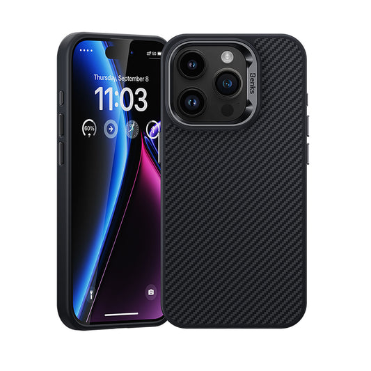 iPhone 15 Pro Max Kılıf Karbon Fiber M-safe Şarj Özellikli Benks Hybrid ArmorPro 600D Kevlar Kılıf