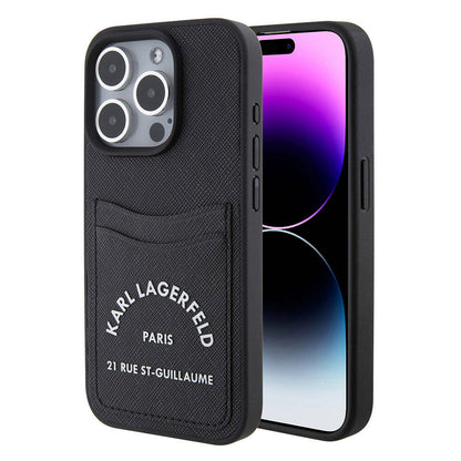 iPhone 15 Pro Max Kılıf Karl Lagerfeld Kartlıklı Saffiano 3D RSG Logo Orjinal Lisanslı Kılıf