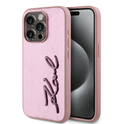 Apple iPhone 15 Pro Max Kılıf Karl Lagerfeld Orjinal Lisanslı 3D KL Yazılı Tüylü Arka Yüzey Saffiano Rhinestones Kapak Pembe