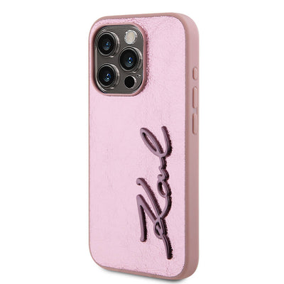Apple iPhone 15 Pro Max Kılıf Karl Lagerfeld Orjinal Lisanslı 3D KL Yazılı Tüylü Arka Yüzey Saffiano Rhinestones Kapak Pembe