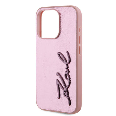 Apple iPhone 15 Pro Max Kılıf Karl Lagerfeld Orjinal Lisanslı 3D KL Yazılı Tüylü Arka Yüzey Saffiano Rhinestones Kapak Pembe