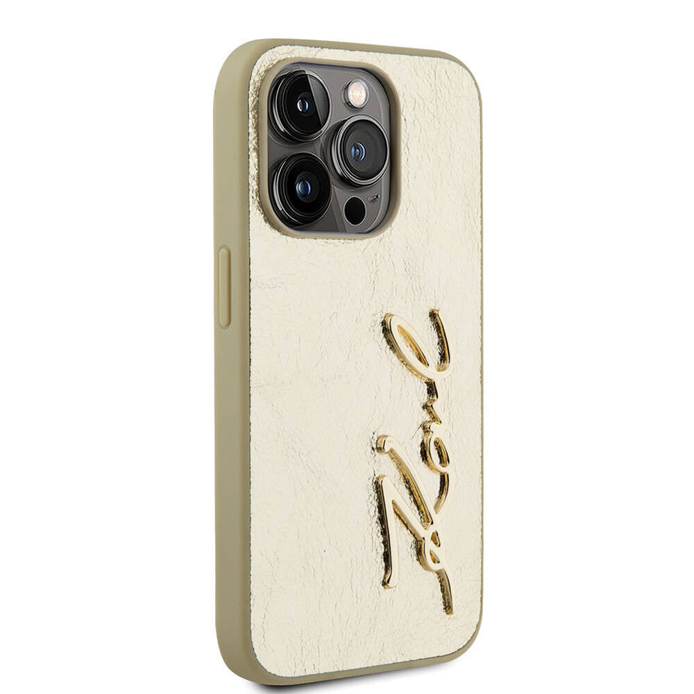 Apple iPhone 15 Pro Max Kılıf Karl Lagerfeld Orjinal Lisanslı 3D KL Yazılı Tüylü Arka Yüzey Saffiano Rhinestones Kapak Pembe