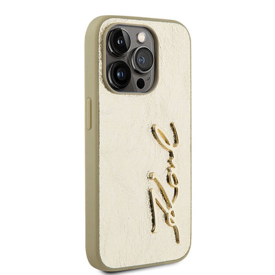 Apple iPhone 15 Pro Max Kılıf Karl Lagerfeld Orjinal Lisanslı 3D KL Yazılı Tüylü Arka Yüzey Saffiano Rhinestones Kapak Pembe