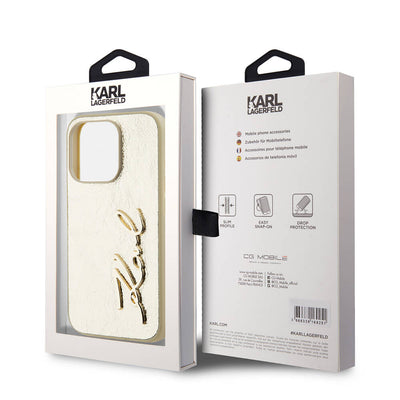 Apple iPhone 15 Pro Max Kılıf Karl Lagerfeld Orjinal Lisanslı 3D KL Yazılı Tüylü Arka Yüzey Saffiano Rhinestones Kapak Pembe