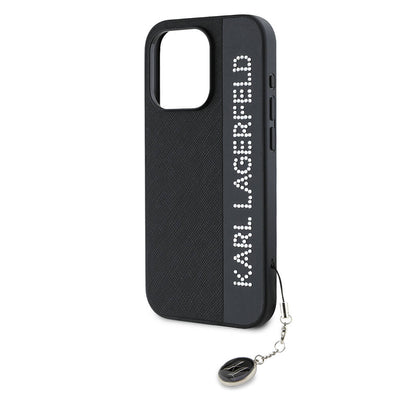 Apple iPhone 15 Pro Max Kılıf Karl Lagerfeld Orjinal Lisanslı Anahtarlıklı Taşlı KL Yazılı Saffiano Rhinestones Kapak Pembe