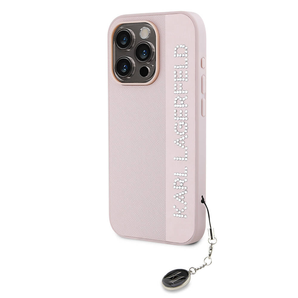 Apple iPhone 15 Pro Max Kılıf Karl Lagerfeld Orjinal Lisanslı Anahtarlıklı Taşlı KL Yazılı Saffiano Rhinestones Kapak Pembe