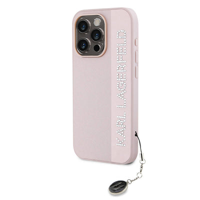 Apple iPhone 15 Pro Max Kılıf Karl Lagerfeld Orjinal Lisanslı Anahtarlıklı Taşlı KL Yazılı Saffiano Rhinestones Kapak Pembe
