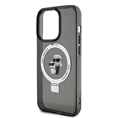 Apple iPhone 15 Pro Max Kılıf Karl Lagerfeld Orjinal Lisanslı Magsafe Şarj Özellikli K&C İkonik Baskılı Ring Standlı Kapak Siyah