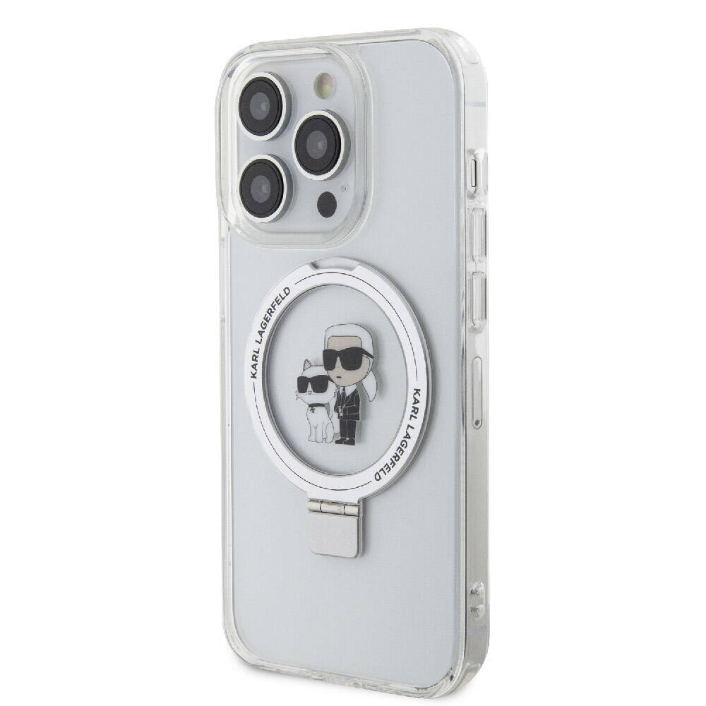 Apple iPhone 15 Pro Max Kılıf Karl Lagerfeld Orjinal Lisanslı Magsafe Şarj Özellikli K&C İkonik Baskılı Ring Standlı Kapak Beyaz