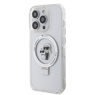 Apple iPhone 15 Pro Max Kılıf Karl Lagerfeld Orjinal Lisanslı Magsafe Şarj Özellikli K&C İkonik Baskılı Ring Standlı Kapak Beyaz