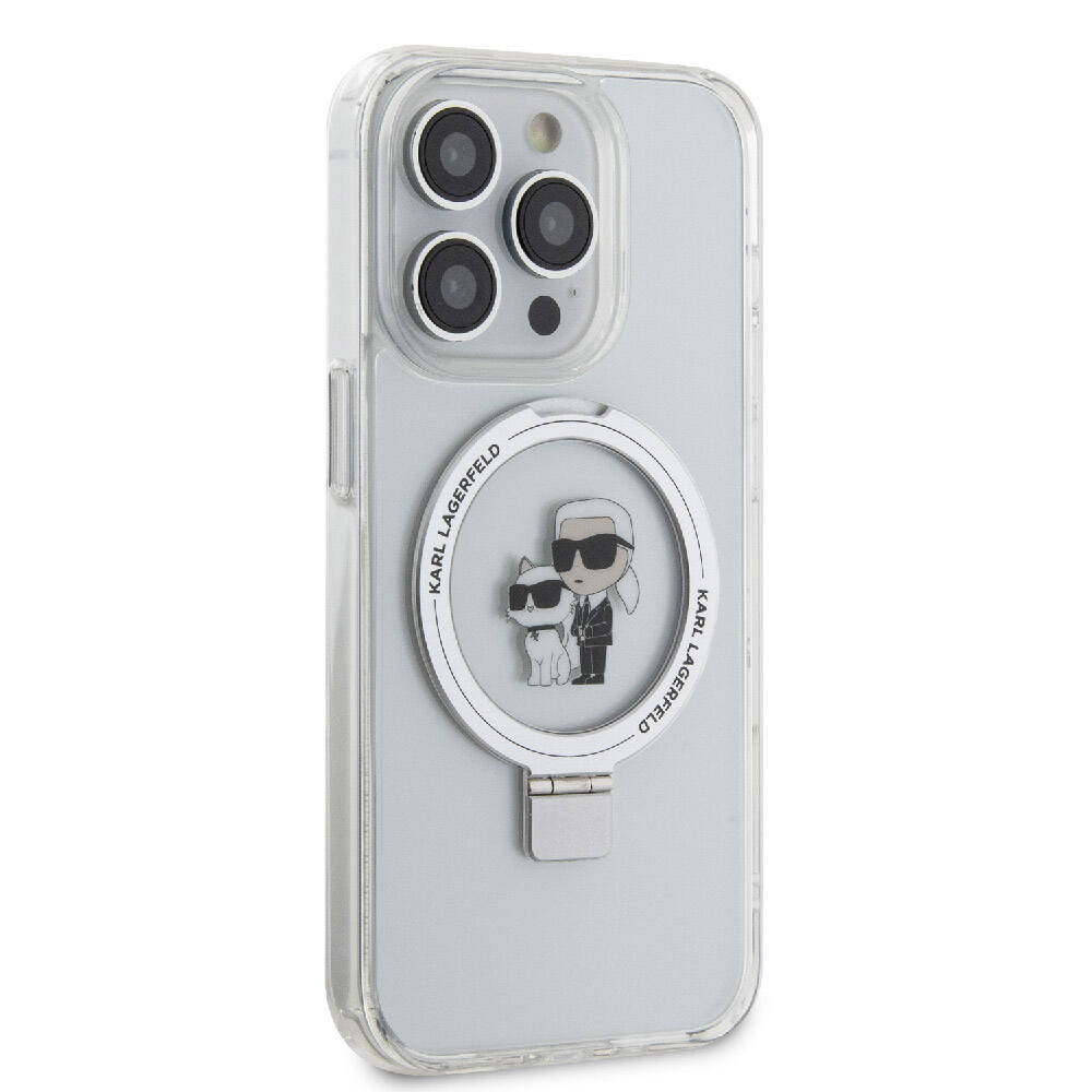 Apple iPhone 15 Pro Max Kılıf Karl Lagerfeld Orjinal Lisanslı Magsafe Şarj Özellikli K&C İkonik Baskılı Ring Standlı Kapak Beyaz