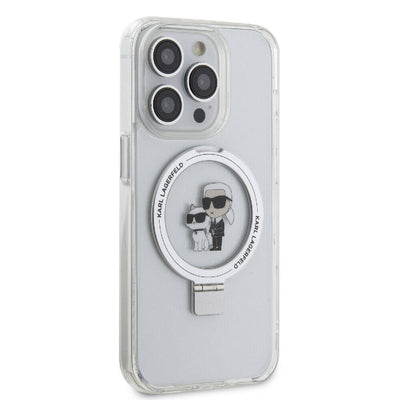 Apple iPhone 15 Pro Max Kılıf Karl Lagerfeld Orjinal Lisanslı Magsafe Şarj Özellikli K&C İkonik Baskılı Ring Standlı Kapak Beyaz