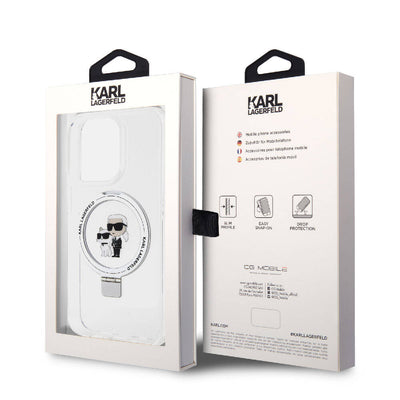 Apple iPhone 15 Pro Max Kılıf Karl Lagerfeld Orjinal Lisanslı Magsafe Şarj Özellikli K&C İkonik Baskılı Ring Standlı Kapak Beyaz