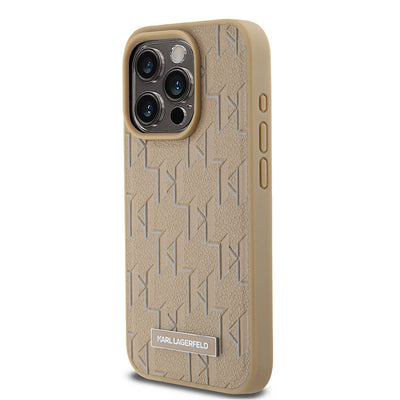 Apple iPhone 15 Pro Max Kılıf Karl Lagerfeld Orjinal Lisanslı Magsafe Şarj Özellikli KL Yazılı Hot Stamp Kapak Krem