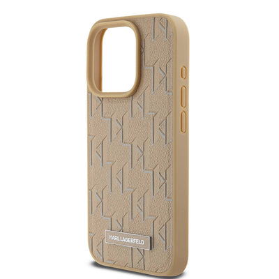 Apple iPhone 15 Pro Max Kılıf Karl Lagerfeld Orjinal Lisanslı Magsafe Şarj Özellikli KL Yazılı Hot Stamp Kapak Krem