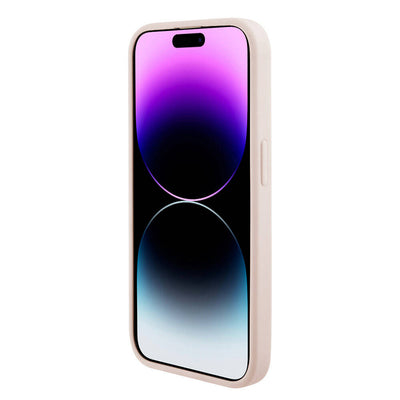 Apple iPhone 15 Pro Max Kılıf Karl Lagerfeld Orjinal Lisanslı Metal Yazı Logolu Dikişli Logo Arka Yüzey Kapitone Kapak Pembe