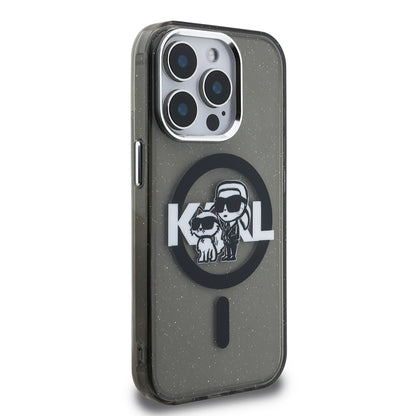 iPhone 15 Pro Max Kılıf Karl Lagerfeld Orjinal Lisanslı Parlayan Simli Karl & Choupette Sketch Logo Kılıf