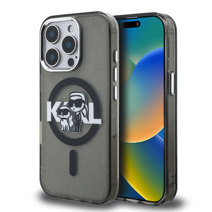 iPhone 15 Pro Max Kılıf Karl Lagerfeld Orjinal Lisanslı Parlayan Simli Karl & Choupette Sketch Logo Kılıf