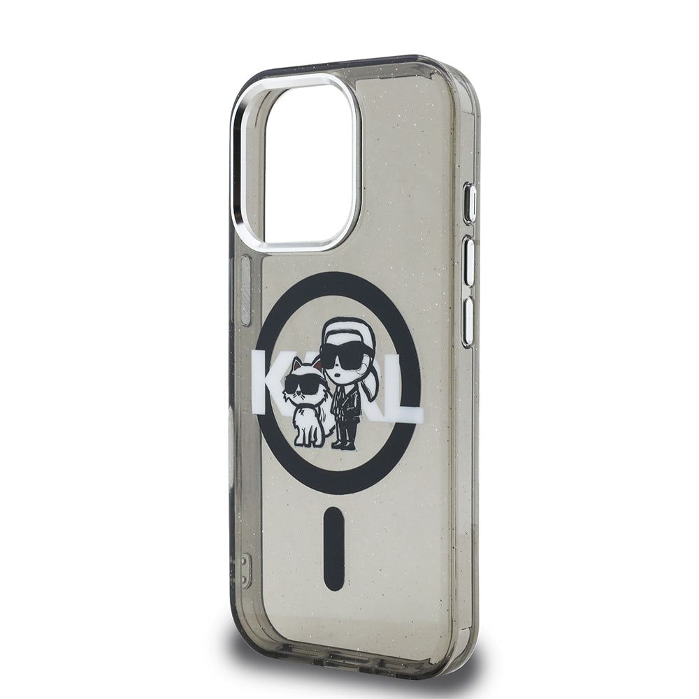 iPhone 15 Pro Max Kılıf Karl Lagerfeld Orjinal Lisanslı Parlayan Simli Karl & Choupette Sketch Logo Kılıf