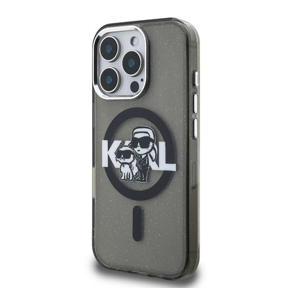 iPhone 15 Pro Max Kılıf Karl Lagerfeld Orjinal Lisanslı Parlayan Simli Karl & Choupette Sketch Logo Kılıf