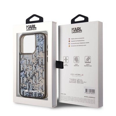 Apple iPhone 15 Pro Max Kılıf Karl Lagerfeld Orjinal Lisanslı Simli KL Yazılı Monogram Gradıent Kapak Siyah