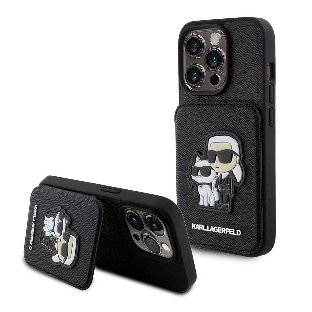 iPhone 15 Pro Max Kılıf Karl Lagerfeld Standlı Kartlıklı Saffiano K&C Metal Logo Orjinal Lisanslı Kılıf