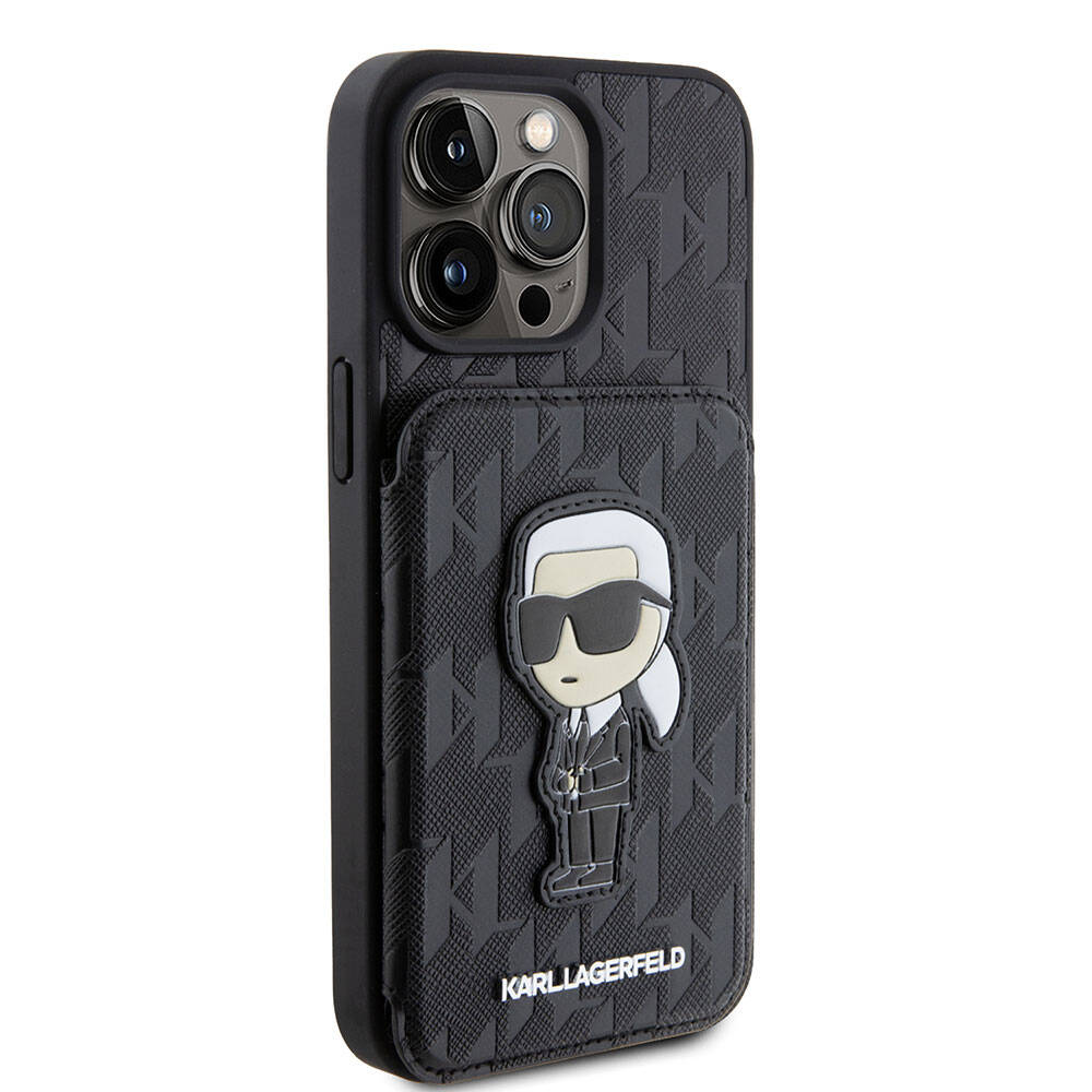 iPhone 15 Pro Max Kılıf Karl Lagerfeld Standlı Kartlıklı Saffiano Monogram İkonik Metal Logo Orjinal Lisanslı Kılıf