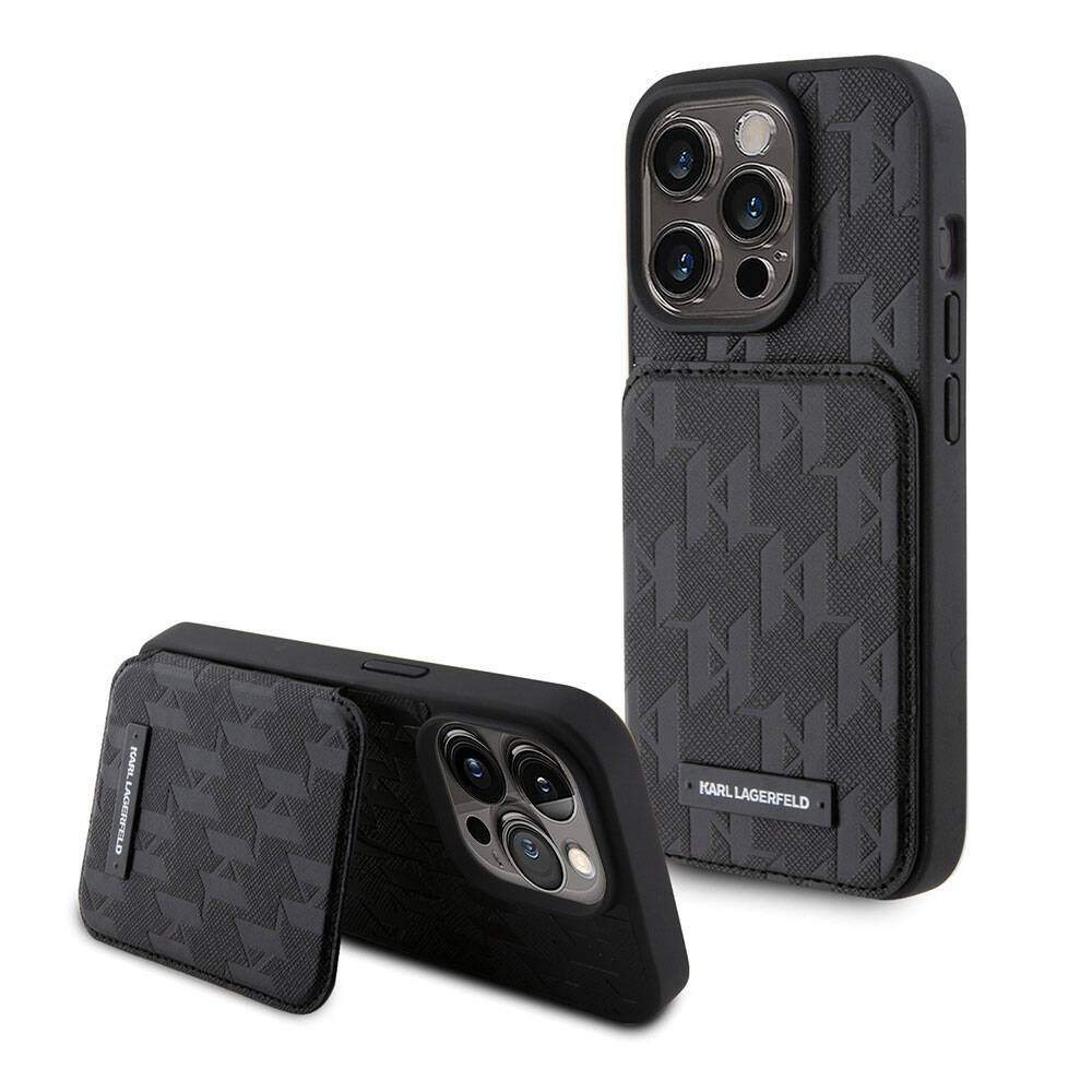 iPhone 15 Pro Max Kılıf Karl Lagerfeld Standlı Kartlıklı Saffiano Monogram Metal Logo Orjinal Lisanslı Kılıf