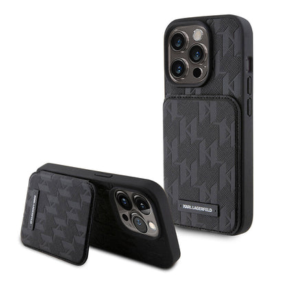 iPhone 15 Pro Max Kılıf Karl Lagerfeld Standlı Kartlıklı Saffiano Monogram Metal Logo Orjinal Lisanslı Kılıf