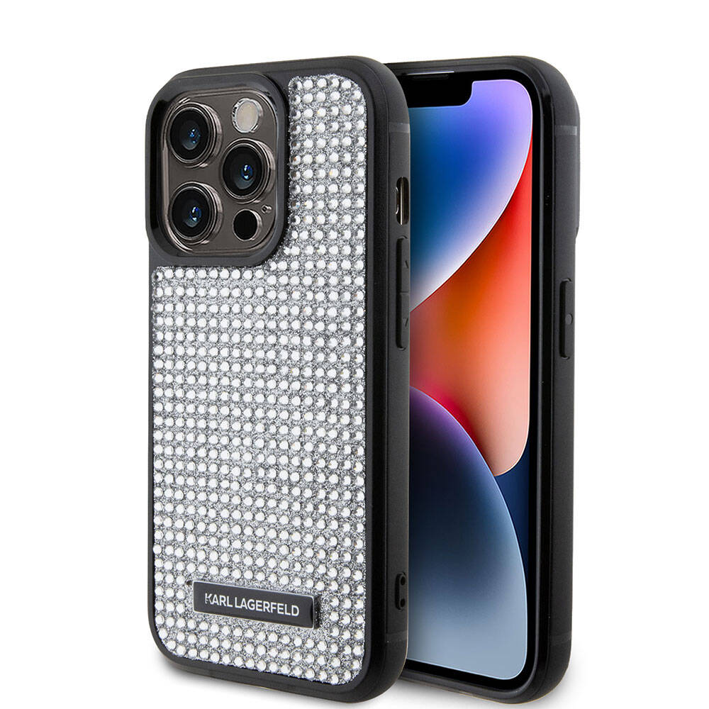 iPhone 15 Pro Max Kılıf Karl Lagerfeld Taşlı Metal Logo Orjinal Lisanslı Kılıf