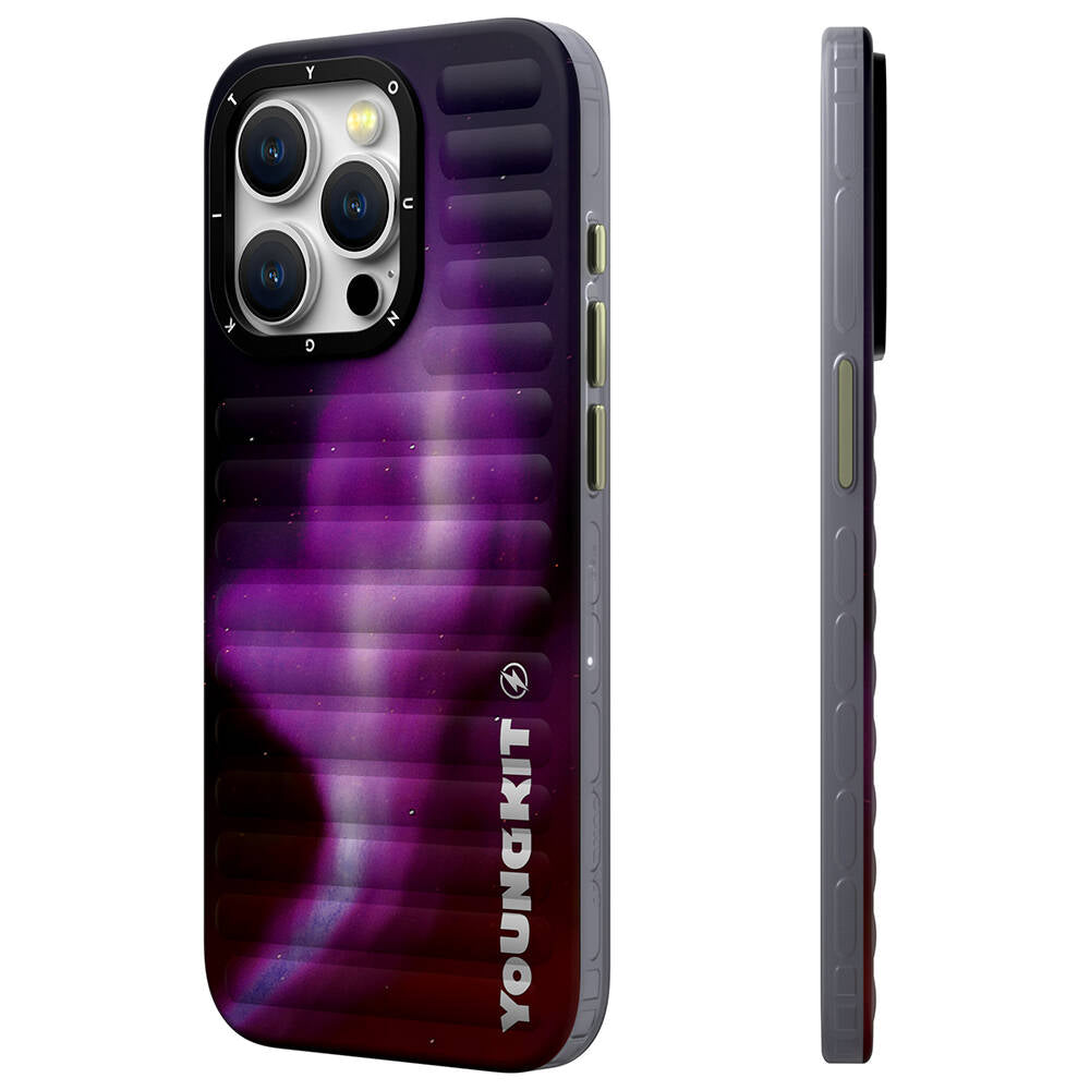 Apple iPhone 15 Pro Max Kılıf Kuzey Işıkları Desenli Youngkit Aurora Serisi Kapak Mor