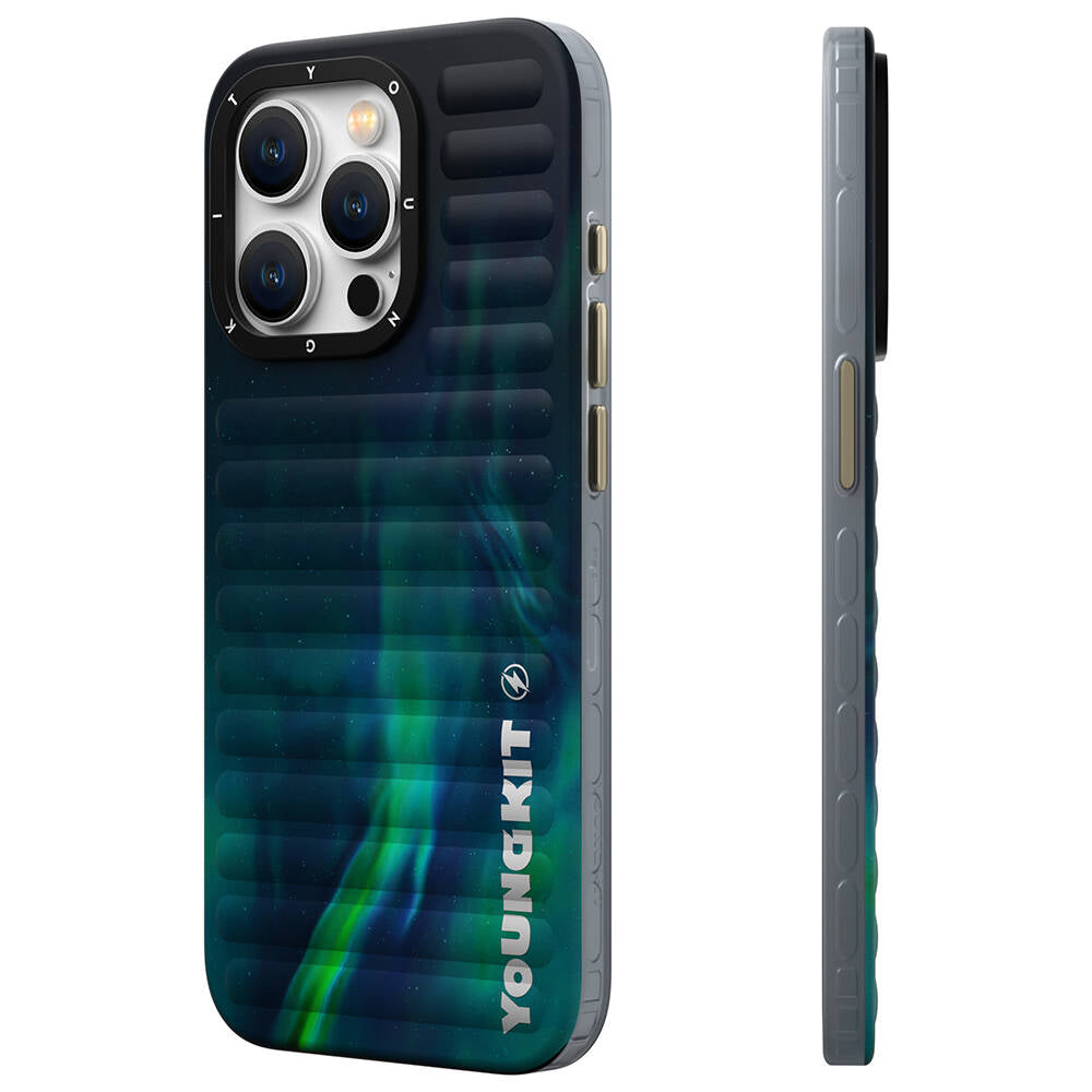 Apple iPhone 15 Pro Max Kılıf Kuzey Işıkları Desenli Youngkit Aurora Serisi Kapak Mavi