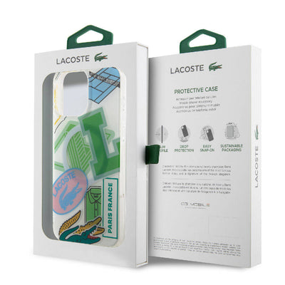 Apple iPhone 15 Pro Max Kılıf Lacoste Orjinal Lisanslı Magsafe Şarj Özellikli Çift Katmanlı Yamalar Desenli Kapak Mavi