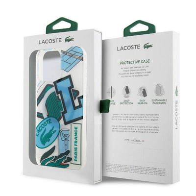 Apple iPhone 15 Pro Max Kılıf Lacoste Orjinal Lisanslı Magsafe Şarj Özellikli Çift Katmanlı Yamalar Desenli Kapak Mavi