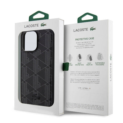 Apple iPhone 15 Pro Max Kılıf Lacoste Orjinal Lisanslı Magsafe Şarj Özellikli PU Deri Görünümlü Karışık Monogram Desenli Kapak Lacivert