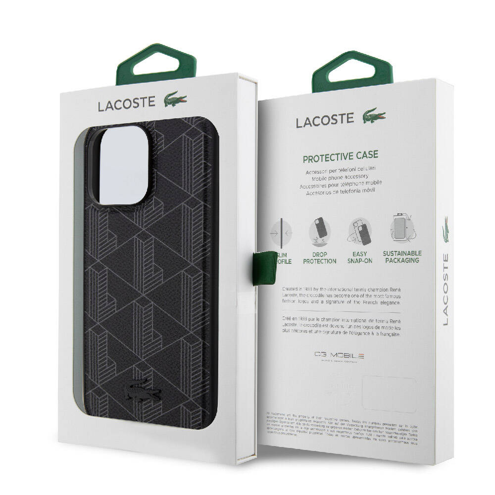 Apple iPhone 15 Pro Max Kılıf Lacoste Orjinal Lisanslı Magsafe Şarj Özellikli PU Deri Görünümlü Karışık Monogram Desenli Kapak Siyah