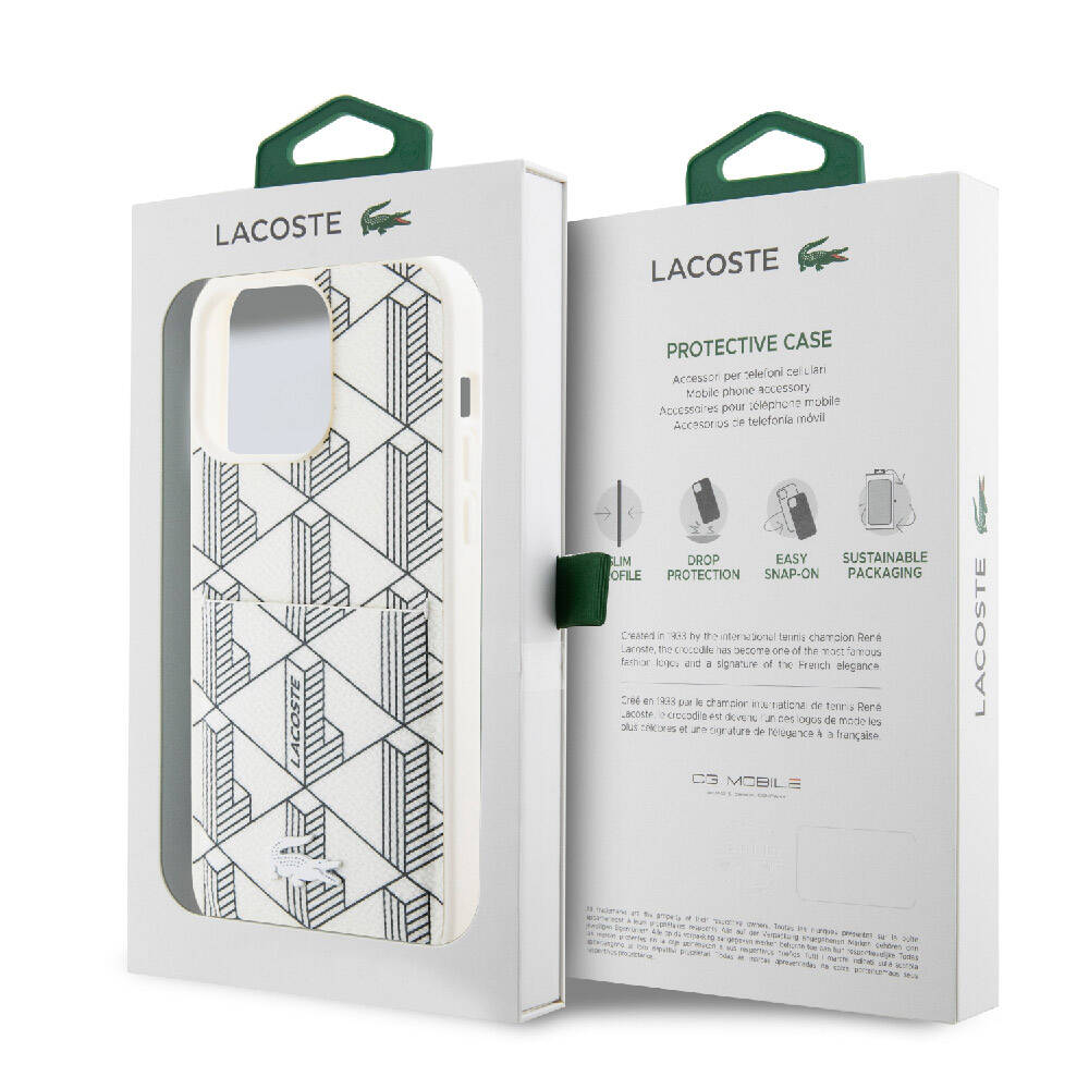 Apple iPhone 15 Pro Max Kılıf Lacoste Orjinal Lisanslı Magsafe Şarj Özellikli PU Deri Görünümlü Kartlıklı Karışık Monogram Desenli Kapak Siyah