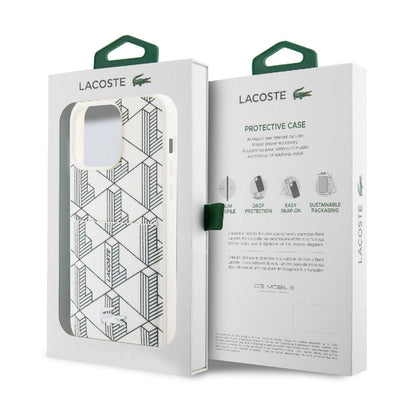 Apple iPhone 15 Pro Max Kılıf Lacoste Orjinal Lisanslı Magsafe Şarj Özellikli PU Deri Görünümlü Kartlıklı Karışık Monogram Desenli Kapak Siyah