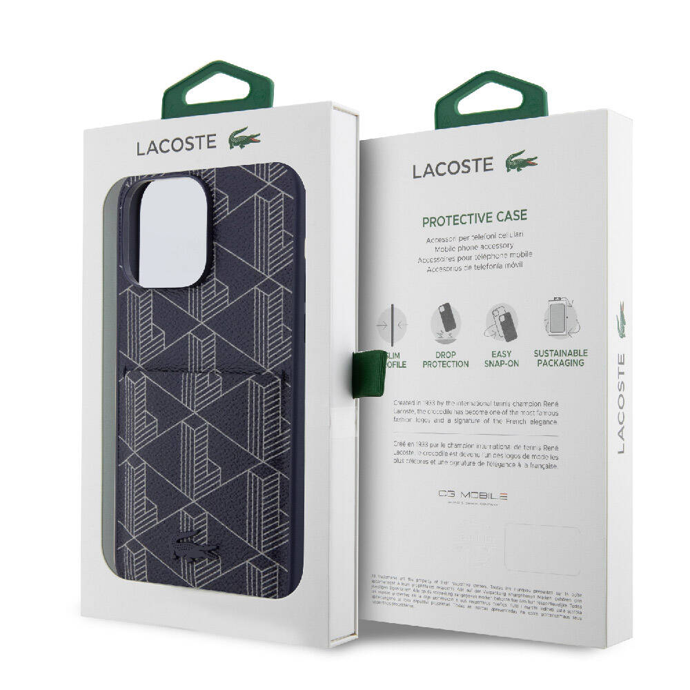 iPhone 15 Pro Max Kılıf Lacoste Orjinal Lisanslı M-safe Şarj Özellikli PU Deri Görünümlü Kartlıklı Karışık Monogram Desenli Kılıf