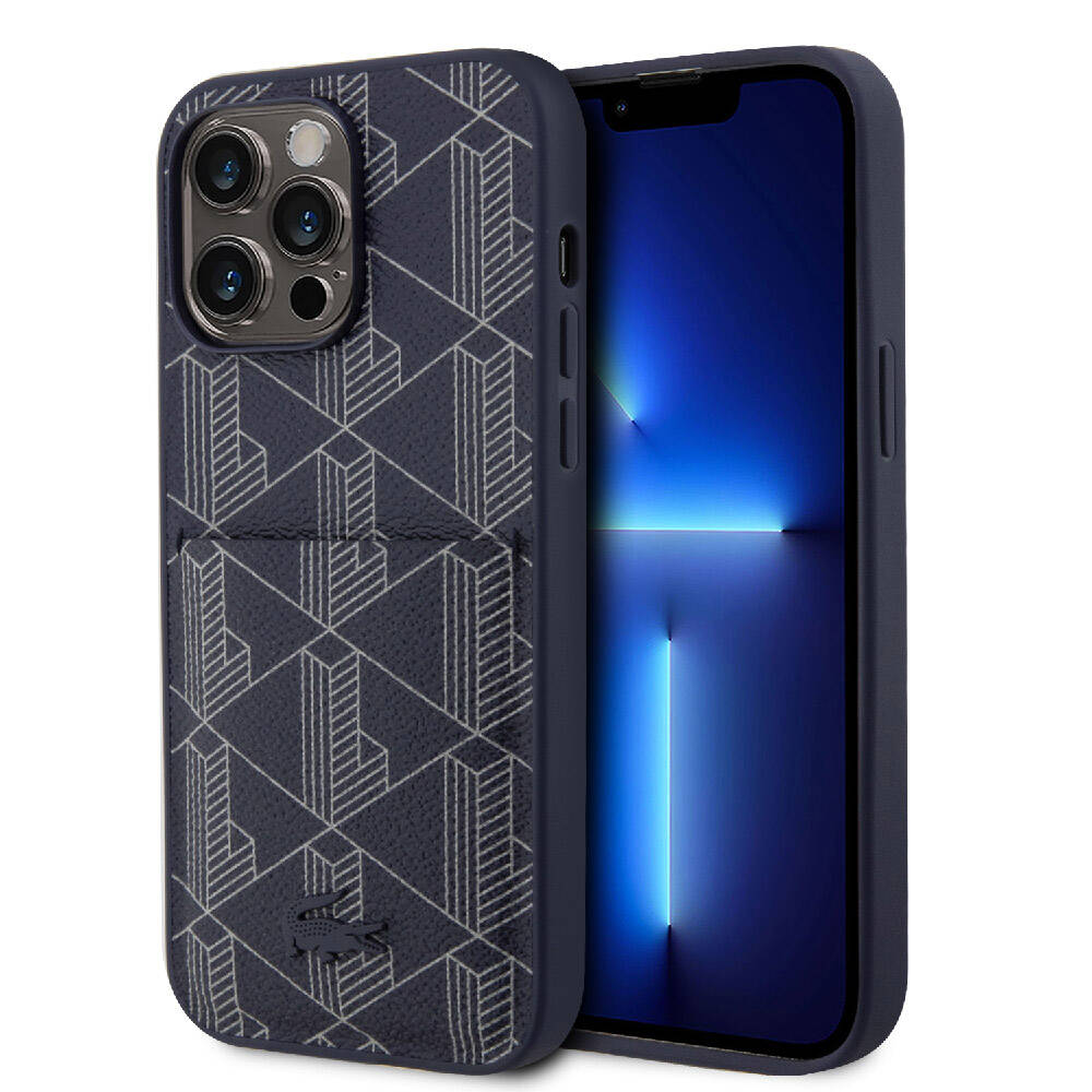 iPhone 15 Pro Max Kılıf Lacoste Orjinal Lisanslı M-safe Şarj Özellikli PU Deri Görünümlü Kartlıklı Karışık Monogram Desenli Kılıf