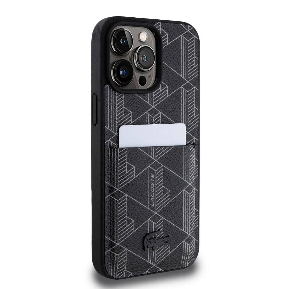 iPhone 15 Pro Max Kılıf Lacoste Orjinal Lisanslı M-safe Şarj Özellikli PU Deri Görünümlü Kartlıklı Karışık Monogram Desenli Kılıf